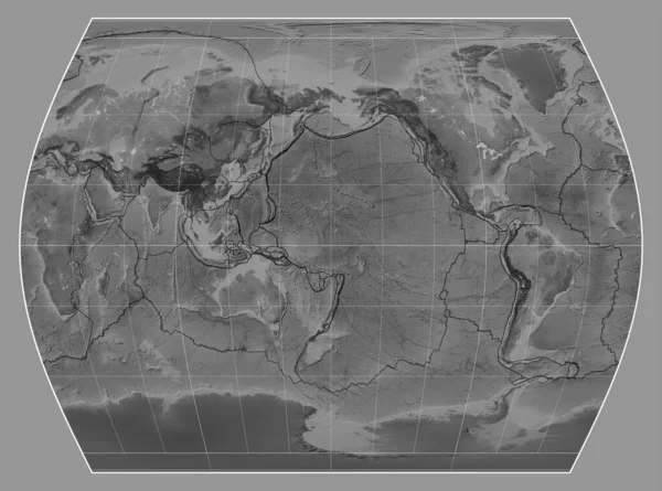 Tectonische Plaatgrenzen Een Grijze Wereldkaart Times Projectie Gecentreerd Meridiaan 180 — Stockfoto