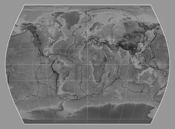Tectonic Platta Gränser Gråskala Karta Över Världen Times Projektion Centrerad — Stockfoto