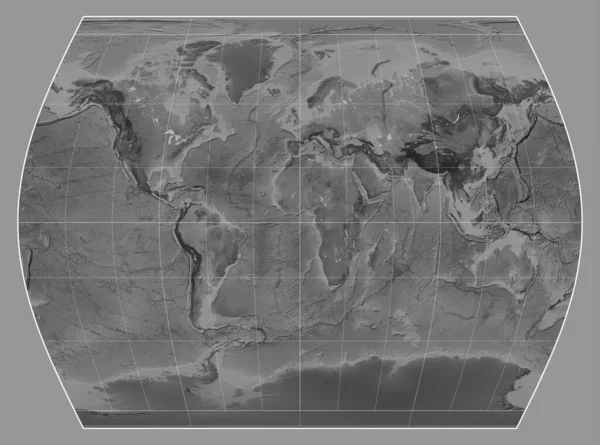 Grayscale Karta Över Världen Times Projektion Centrerad Meridian Longitud — Stockfoto
