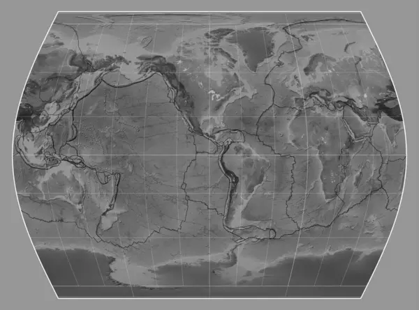Tectonic Plate Boundaries Grayscale Map World Times Projection Centered Meridian — Stock fotografie