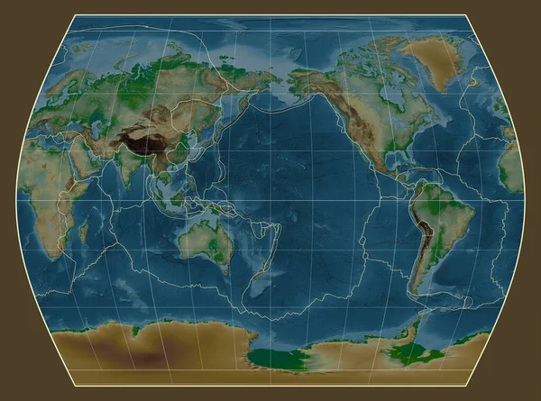 Granice Płyt Tektonicznych Fizycznej Mapie Świata Projekcji Times Skupionej Południku — Zdjęcie stockowe
