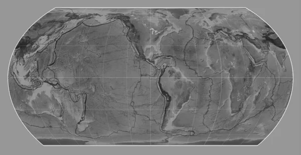 Límites Placas Tectónicas Mapa Escala Grises Del Mundo Proyección Del Imagen De Stock