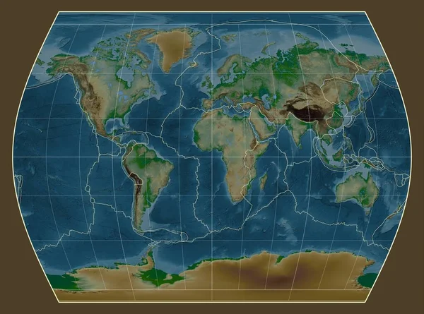 Hranice Tektonických Desek Fyzické Mapě Světa Projekci Timesů Středem Poledníku — Stock fotografie