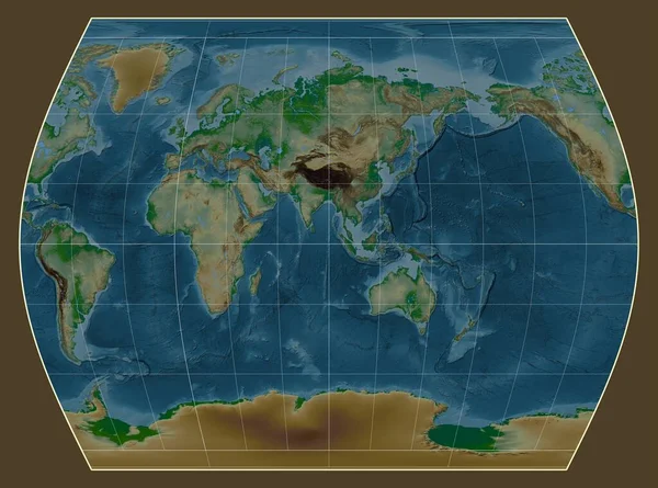 泰晤士报 投影中的世界物理地图 以东经90度经线为中心 — 图库照片