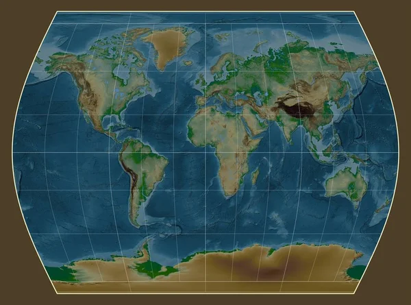Mapa Físico Mundo Projeção Times Centrado Meridiano Longitude — Fotografia de Stock