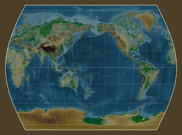Mapa Físico Del Mundo Proyección Times Centrado Meridiano 180 Longitud —  Fotos de Stock