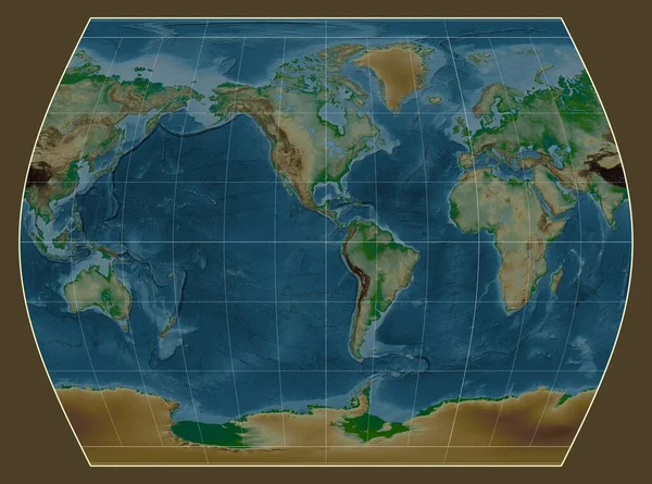 泰晤士报 投影中的世界物理地图以西经90度线为中心 — 图库照片