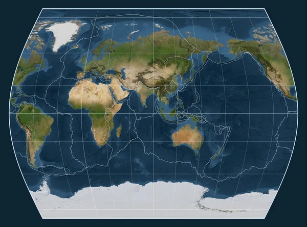 자오선을 중심으로 타임즈 투영에서 세계의 지도에 지각판 — 스톡 사진