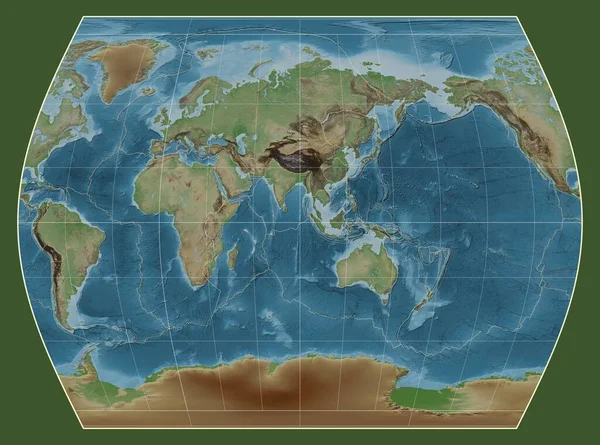 東経90度を中心としたタイムズ投影の世界の色付き標高地図上のテクトニックプレート境界線 — ストック写真