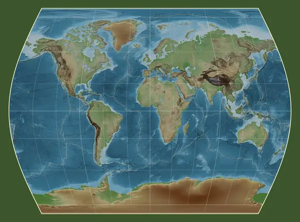メリディアン 経度を中心としたタイムズ投影の世界の色付き標高地図上のテクトニックプレート境界線 — ストック写真