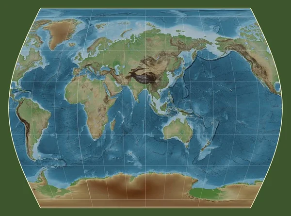 Times Projeksiyonunda Dünyanın Renkli Yükseklik Haritası Meridyen Doğu Boylamı Üzerine — Stok fotoğraf