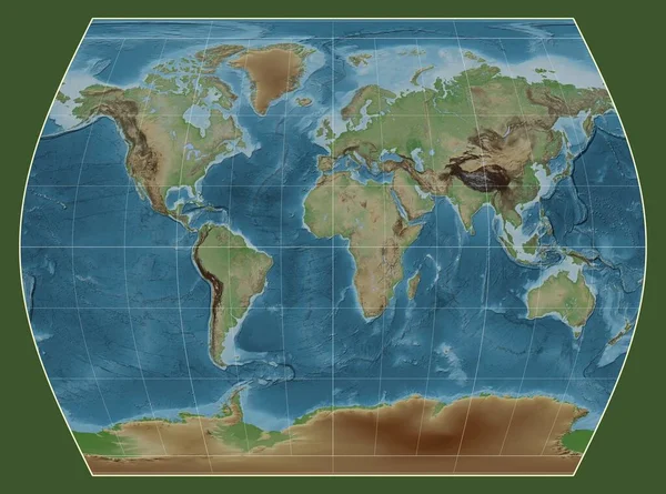 Färgad Höjd Karta Över Världen Times Projektion Centrerad Meridianen Longitud — Stockfoto