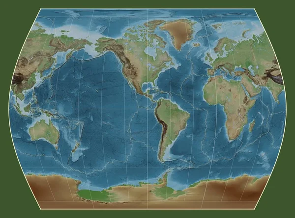 メリディアンを中心としたタイムズ投影の世界の色の高い標高地図上のテクトニックプレート境界 — ストック写真