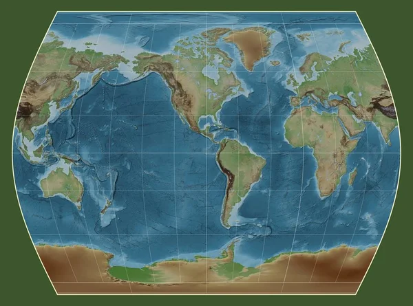 泰晤士报 投影中的世界彩色高程图 以西经90度线为中心 — 图库照片