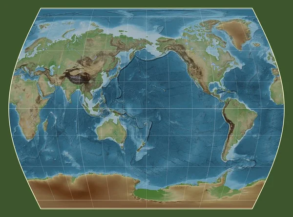 Кольорова Карта Висот Світу Проекції Таймс Зосереджена Меридіані 180 Довготи — стокове фото