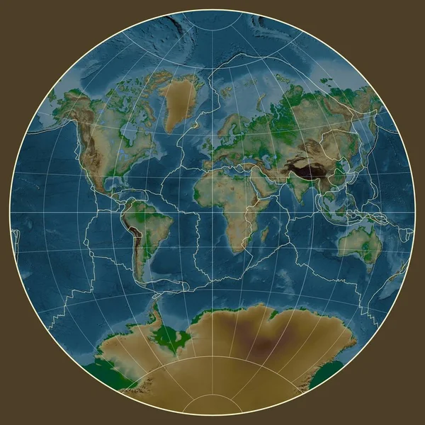 Granice Płyt Tektonicznych Fizycznej Mapie Świata Projekcji Van Der Grinten — Zdjęcie stockowe