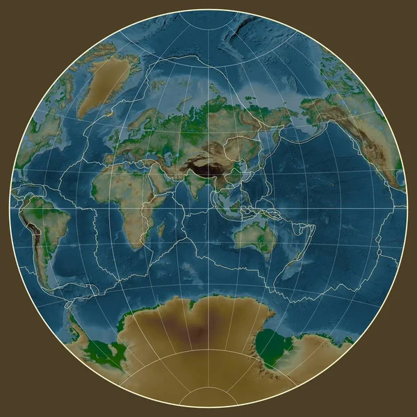 范德林滕I投影中的世界物理地图上的构造板块边界以东经90度子午线为中心 — 图库照片