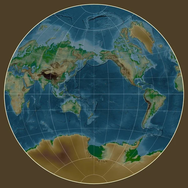 Physical Map World Van Der Grinten Projection Centered Meridian 180 — Stock Photo, Image