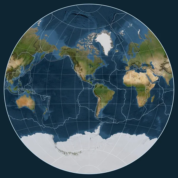 자오선을 중심으로 Grinten 투영에서 세계의 위성지도에 지각판 — 스톡 사진