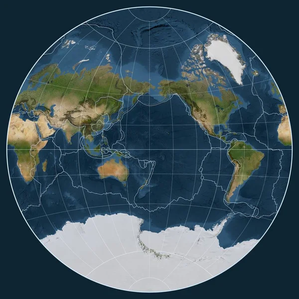 메리디안 180 경도를 중심으로 Grinten 투영에서 세계의 위성지도에 지각판 — 스톡 사진