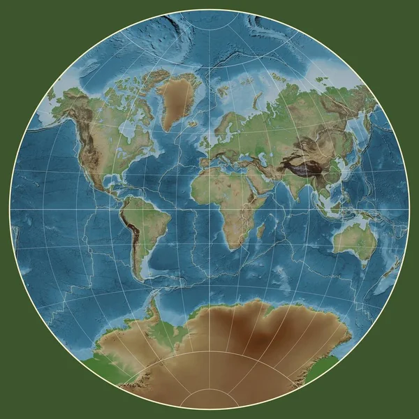Tectonische Plaatgrenzen Een Gekleurde Hoogtekaart Van Wereld Van Der Grinten — Stockfoto
