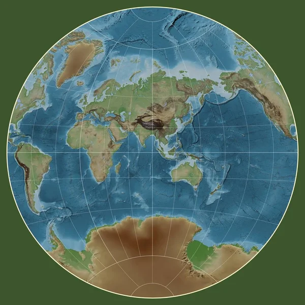 范德林滕I投影中的世界彩色高程图 其中心是东经90度子午线 — 图库照片
