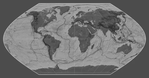 자오선을 중심으로 투영에서 세계의 담즙지도에 지각판 — 스톡 사진