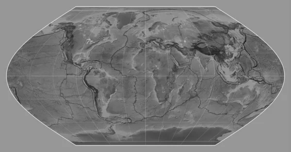 Tectonic Platta Gränser Gråskala Karta Över Världen Winkel Projektion Centrerad — Stockfoto