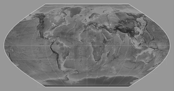 Graustufenkarte Der Welt Der Winkel Projektion Zentriert Auf Den Längengrad — Stockfoto