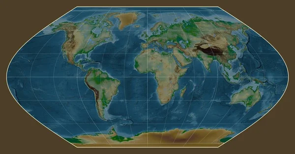 Physical Map World Winkel Projection Centered Meridian Longitude — Stock Photo, Image