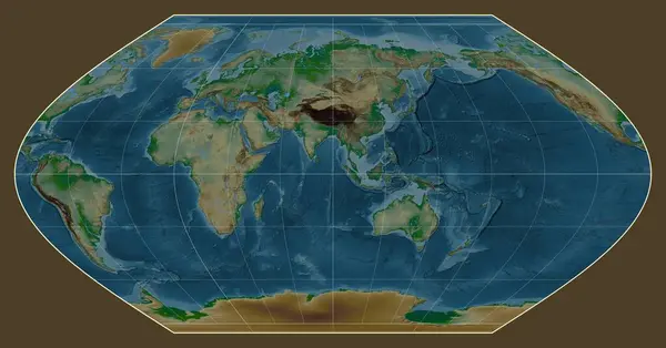 Физическая Карта Мира Проекции Винкеля Сосредоточена Меридиане Восточной Долготы — стоковое фото