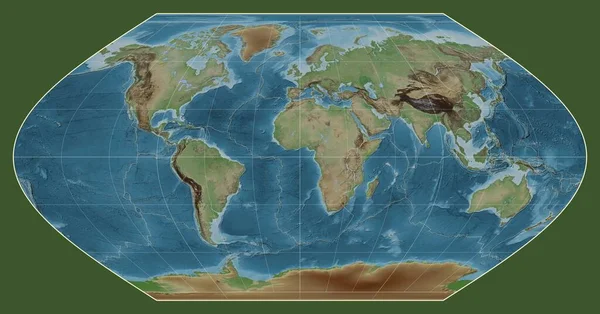 Granice Płyt Tektonicznych Kolorowej Mapie Wzniesień Świata Projekcji Winkel Skupionej — Zdjęcie stockowe