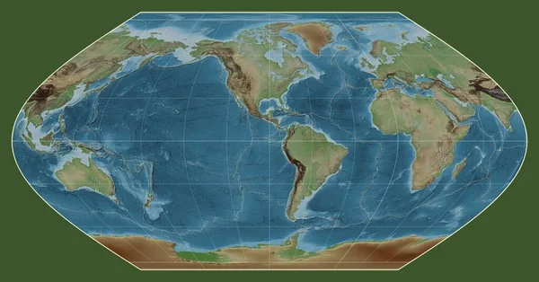 ウィンケル1プロジェクションの世界の色付き標高地図上のテクトニックプレート境界線 90西経度を中心に — ストック写真