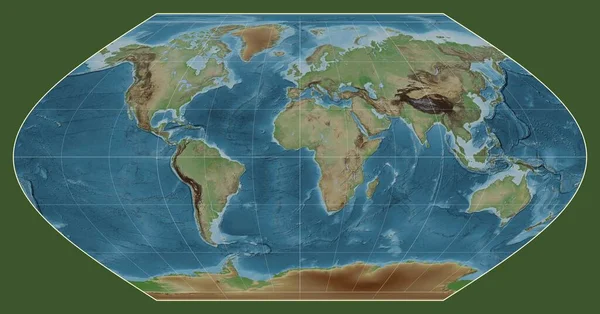Colored Elevation Map World Winkel Projection Centered Meridian Longitude — Stock Photo, Image