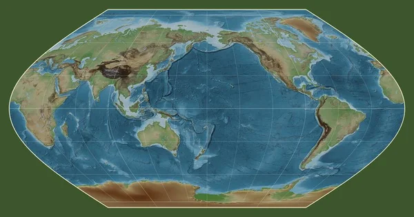 Кольорова Карта Висот Світу Проекції Вінкеля Зосереджена Меридіані 180 Довготи — стокове фото