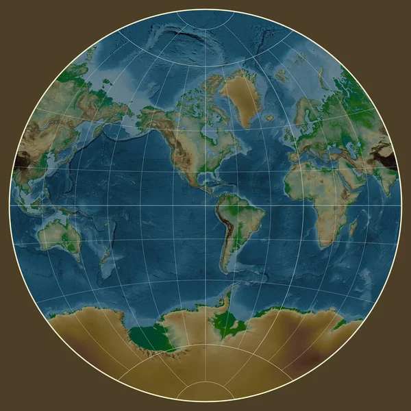 Physical Map World Van Der Grinten Projection Centered Meridian West Royalty Free Stock Images