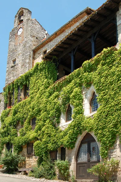 Ivy on a house and belfry of Bruniquel village, among the most beautiful villages of France