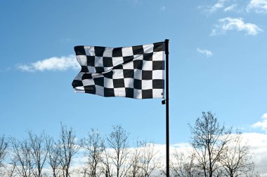 Ağaçların tepesinde mavi bir arka planda dalgalanan kareli bayrak.