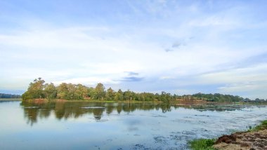 Mavi Gök Altında Huzurlu Lakeside Yansımalar ve Yeşillik
