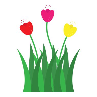 Fresh green grass with multicolored flowers. Vector flat illustration