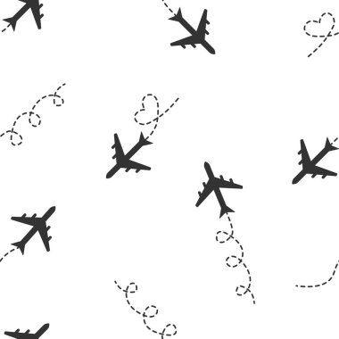 Seamless pattern airplane line path. Trace of the dotted curve line of the aircraft route.