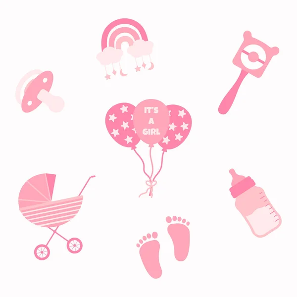 Bebek Partisi Tasarım Elemanları Bir Kız Oyuncaklar Yeni Doğan Eşyalar — Stok Vektör