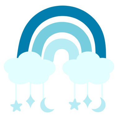 Yıldızlı bulutlu mavi gökkuşağı, ay ve eşkenar dörtgen kolye. Vektör illüstrasyonu