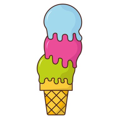 Waffle bardağında kepçeli çizgi film dondurması. Yabanmersinli dondurma, ahududu ve nane aromalı. Vektör illüstrasyonu