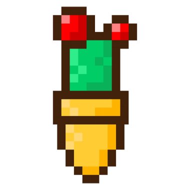 Çiçek saksısında yeşil çiçek açan kaktüs, pikselli sanat simgesi. Yerleştirme logosu.