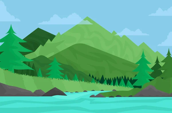 Fondo Paisaje Dibujos Animados Montañas Prado Verde Bosque Lago Ilustración — Vector de stock