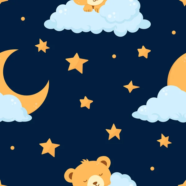 Night Seamless Pattern Sleeping Bear Moon Stars — Stock Vector