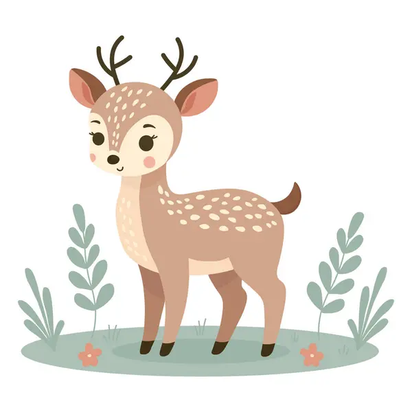 Cute Little Deer Meadow Vector Baby Illustration — Stock Vector