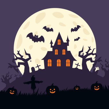 Ay 'ın arka planına karşı yarasalarla kale ve mezarlık. Vektör Cadılar Bayramı illüstrasyonu