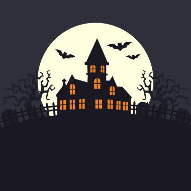 Kasvetli şato, ay ışığına karşı yarasalarla dolu bir mezarlık. Cadılar Bayramı vektör illüstrasyonu